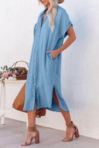 Hazel Blues® |  Slit Button Up Short Sleeve Imitation Denim Dress