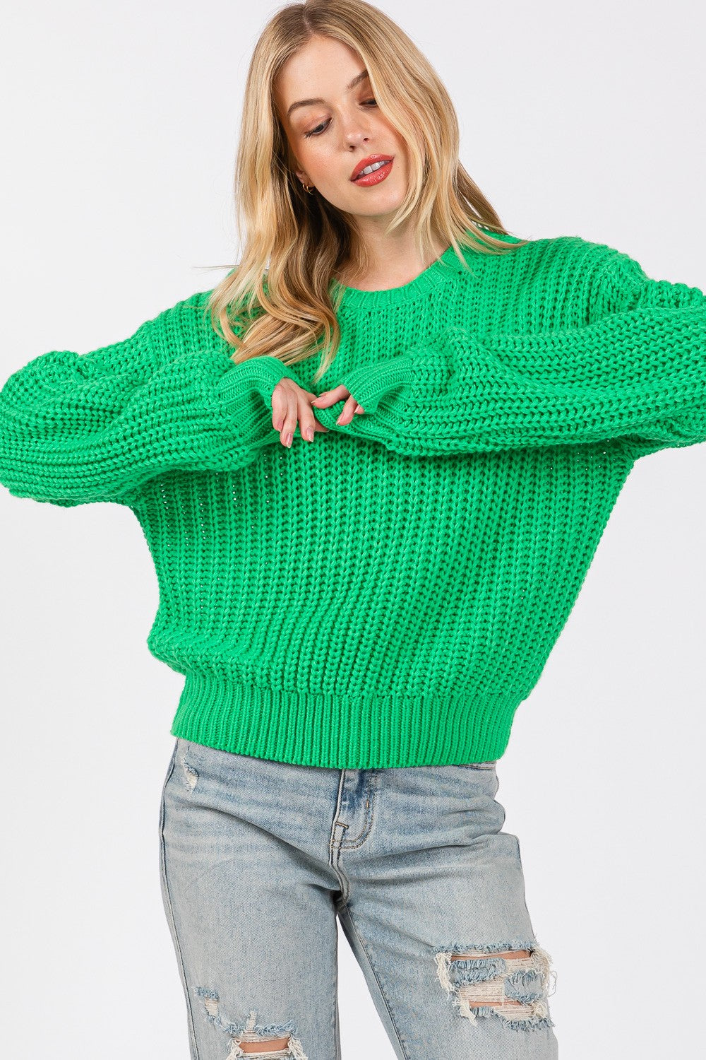 Hazel Blues® |  SAGE + FIG Round Neck Drop Shoulder Sweater