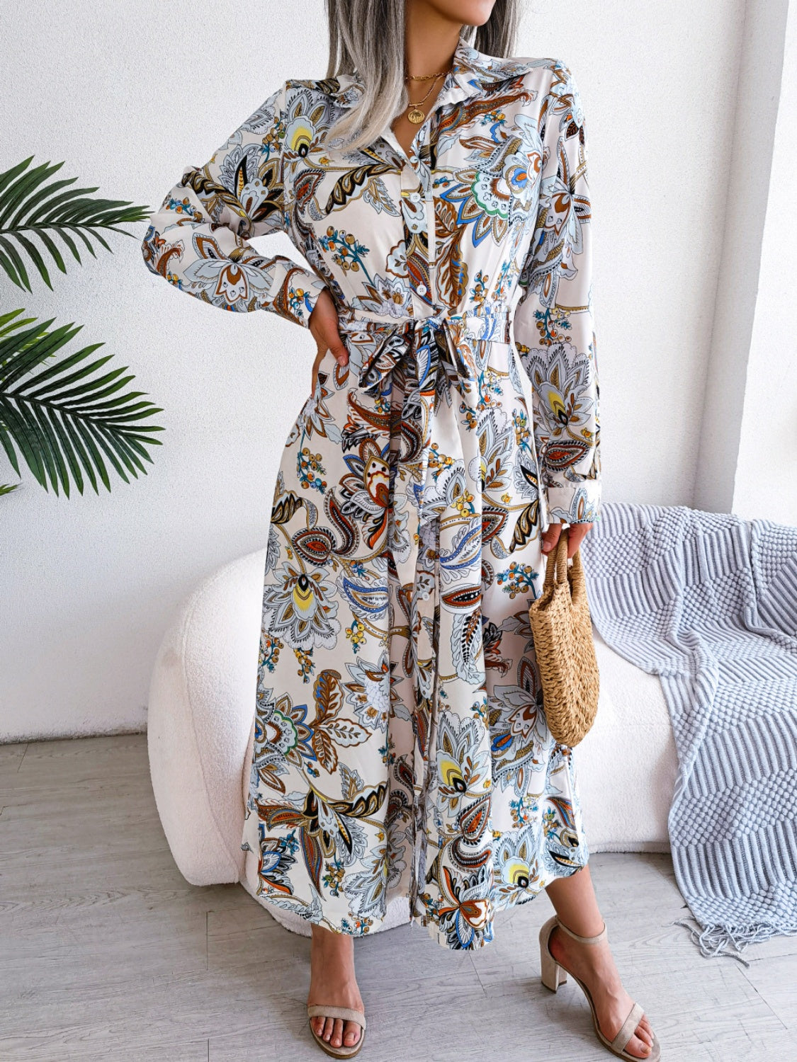 Hazel Blues® |  Tied Printed Long Sleeve Midi Dress