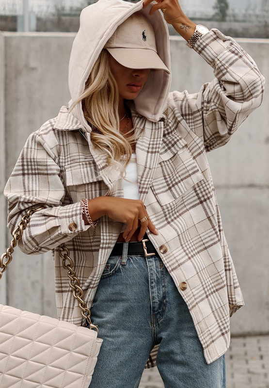 Hazel Blues® |  Plaid Removable Hood Button Up Shacket