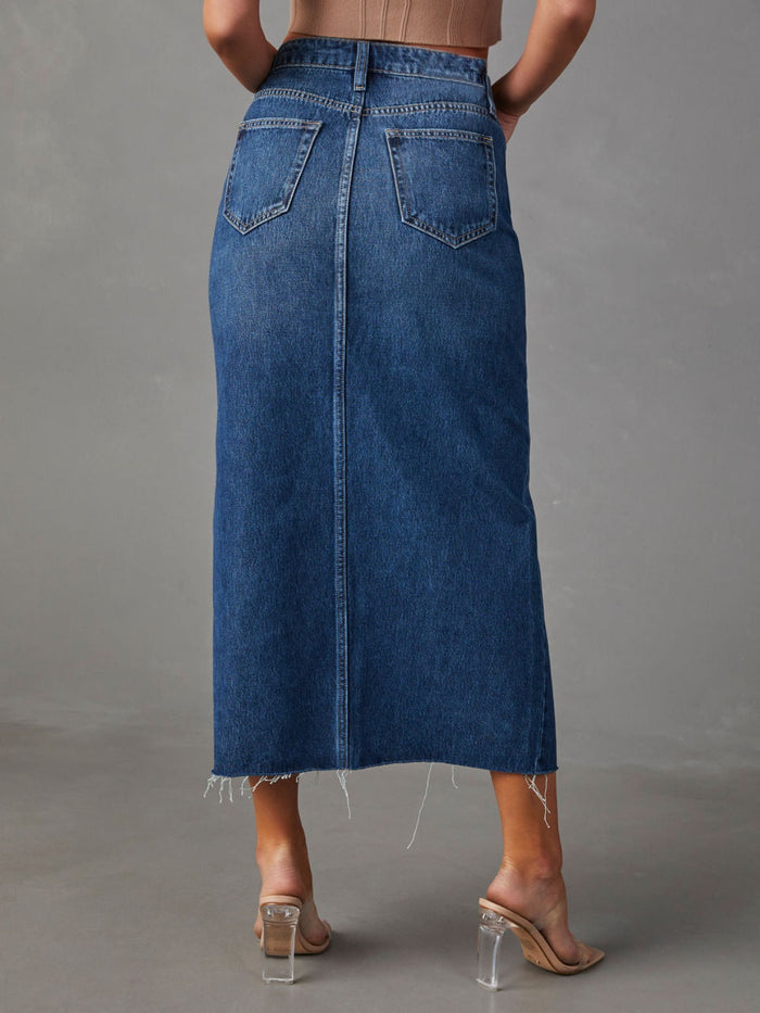 Hazel Blues® |  Slit Raw Hem Midi Denim Skirt