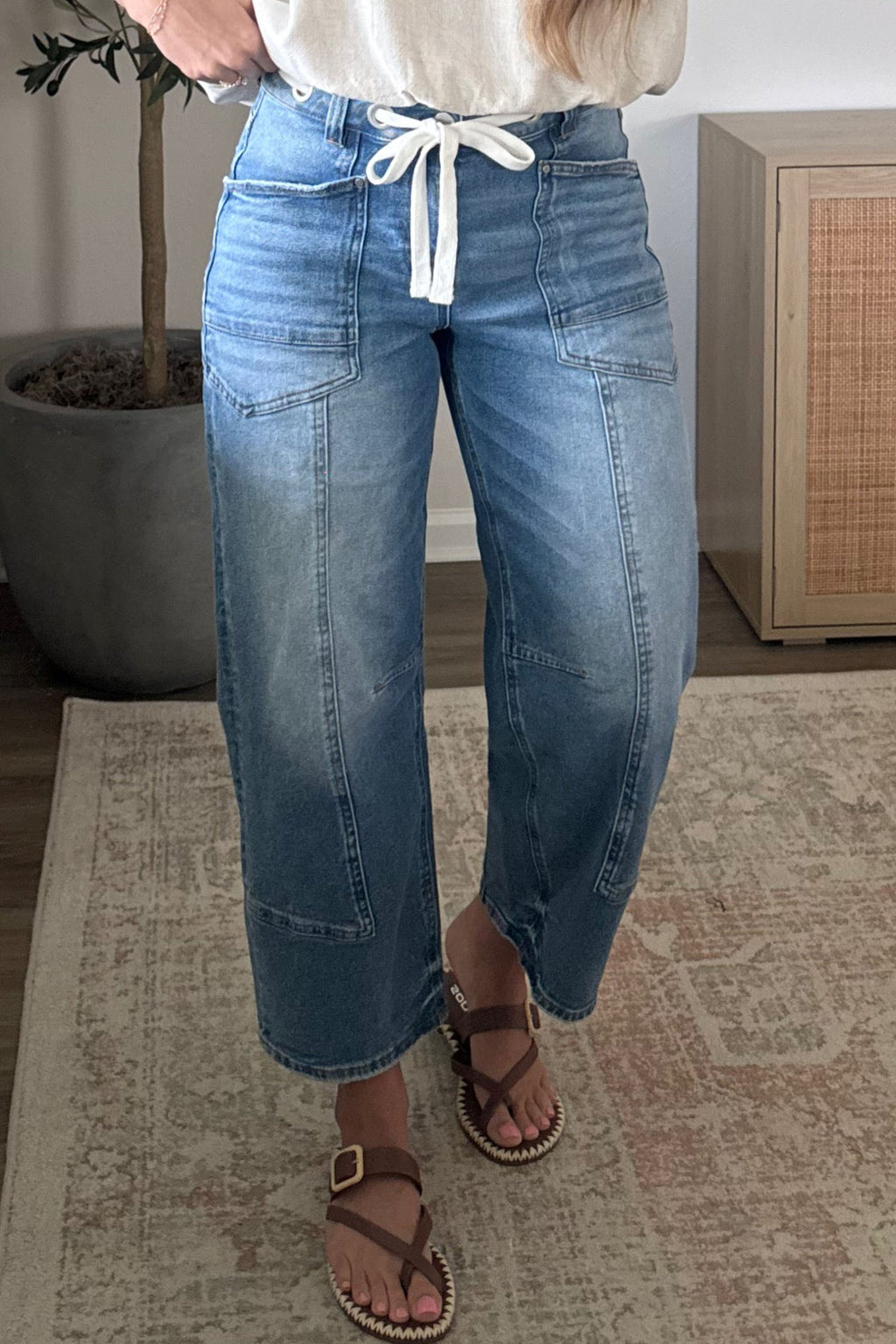 Georgia Mae Blue Solid Patchwork Grommet Tie Waist Loose Ankle Length Jeans