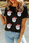 Hazel Blues® |  Black Faux Sequin Christmas Claus Pattern Crewneck T Shirt