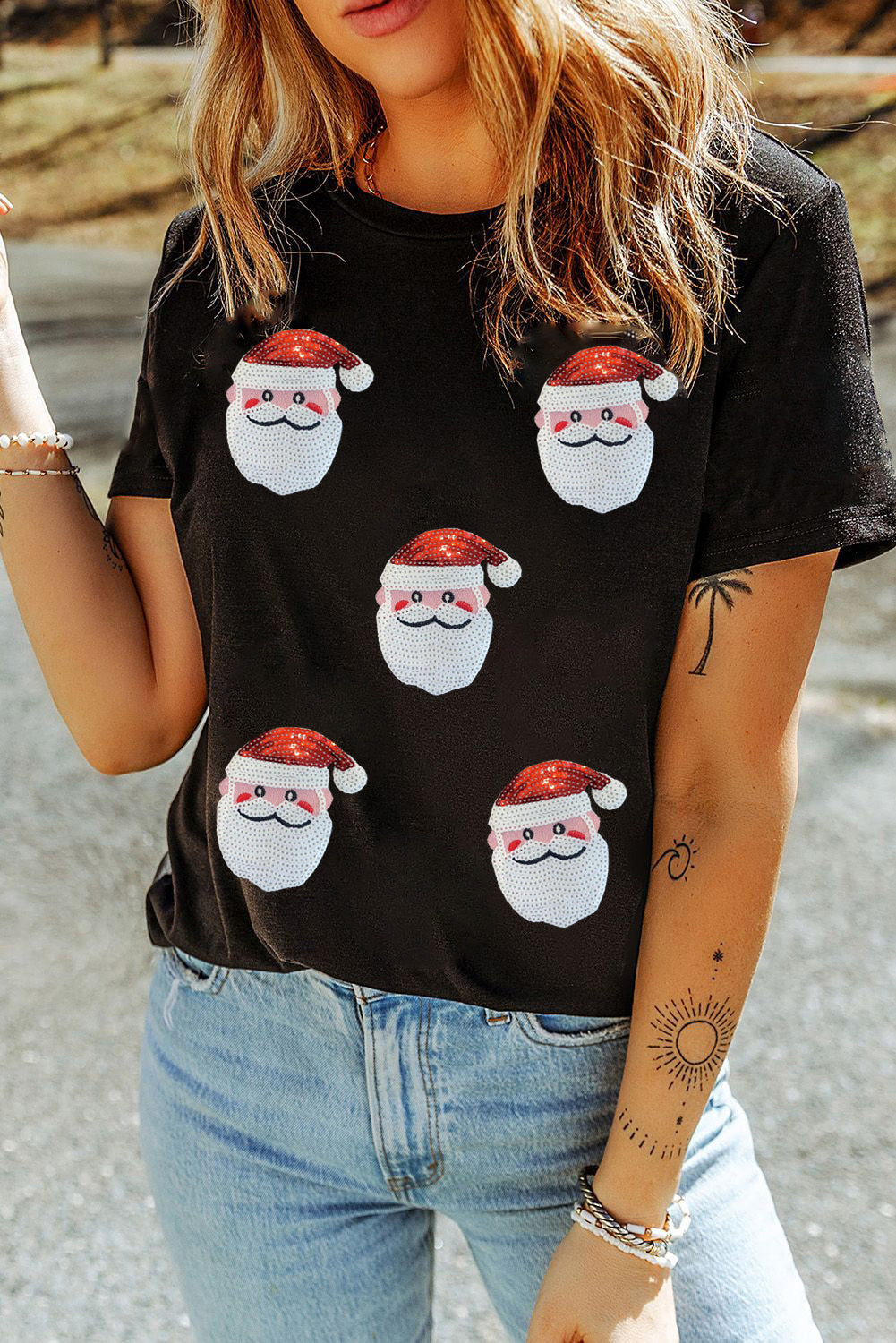 Hazel Blues® |  Black Faux Sequin Christmas Claus Pattern Crewneck T Shirt