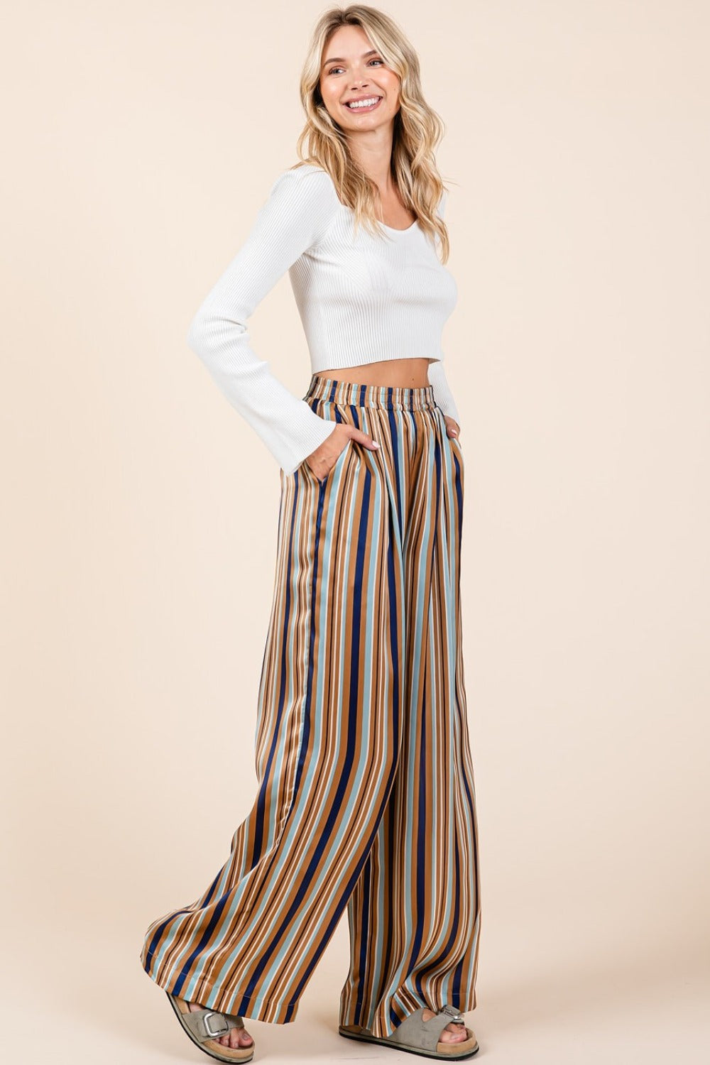 Hazel Blues® |  Mittoshop Striped Satin Elastic Waist Wide Leg Pants