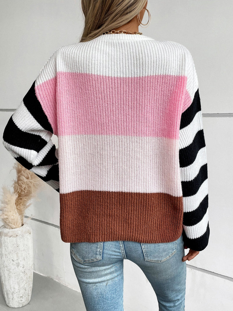 Hazel Blues® |  Color Block Round Neck Long Sleeve Sweater