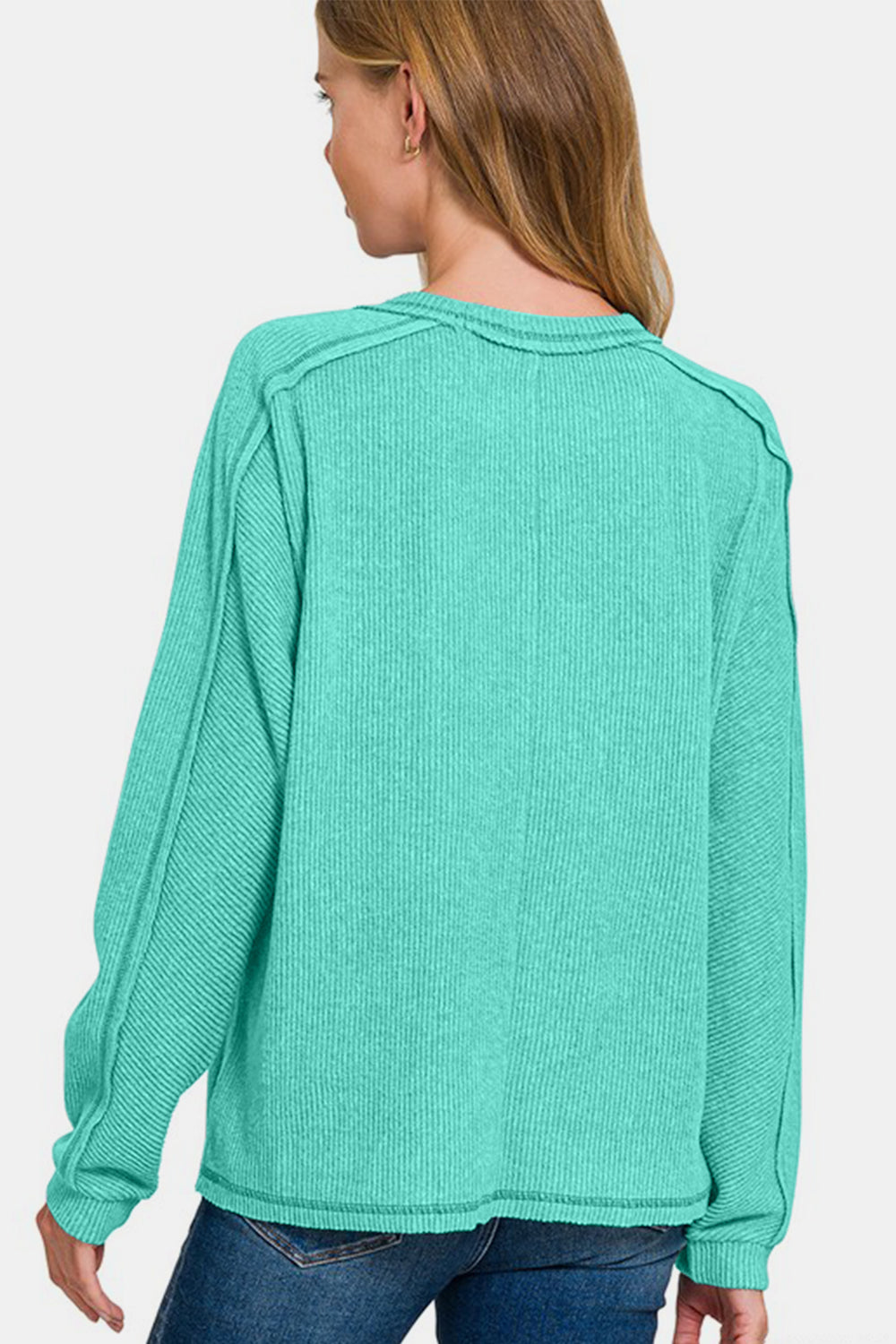 Hazel Blues® | Zenana Contrast Stitching Brushed Ribbed Hacci Knit Top