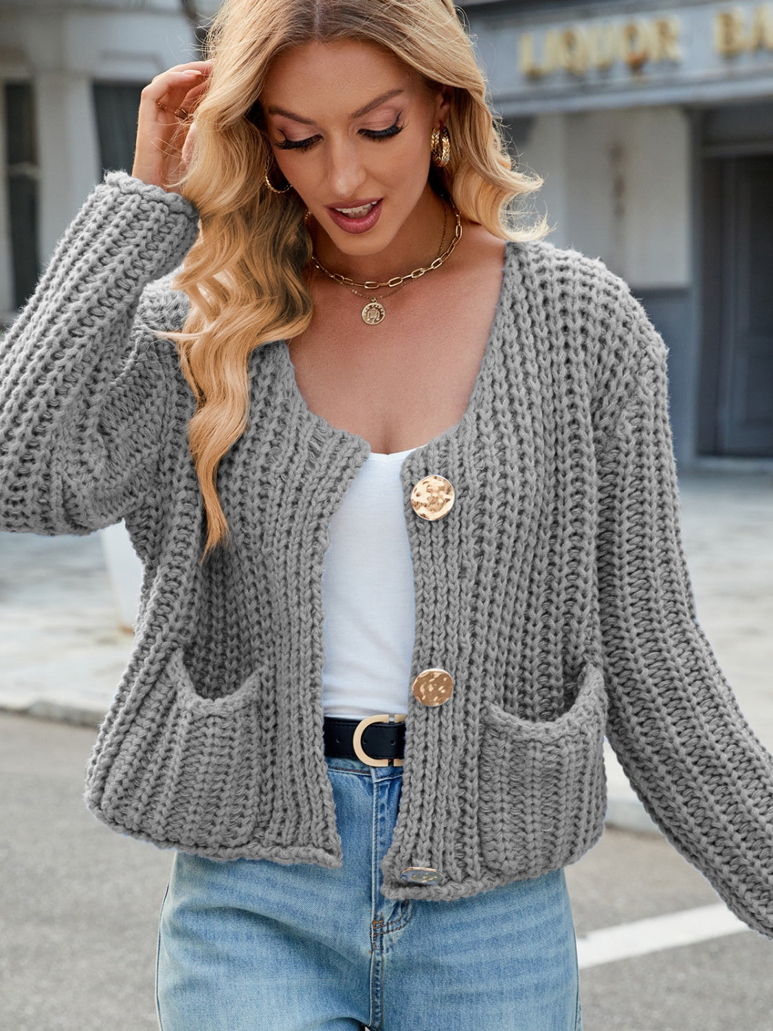 Hazel Blues® |  Round Neck Button Up Cardigan with Pockets