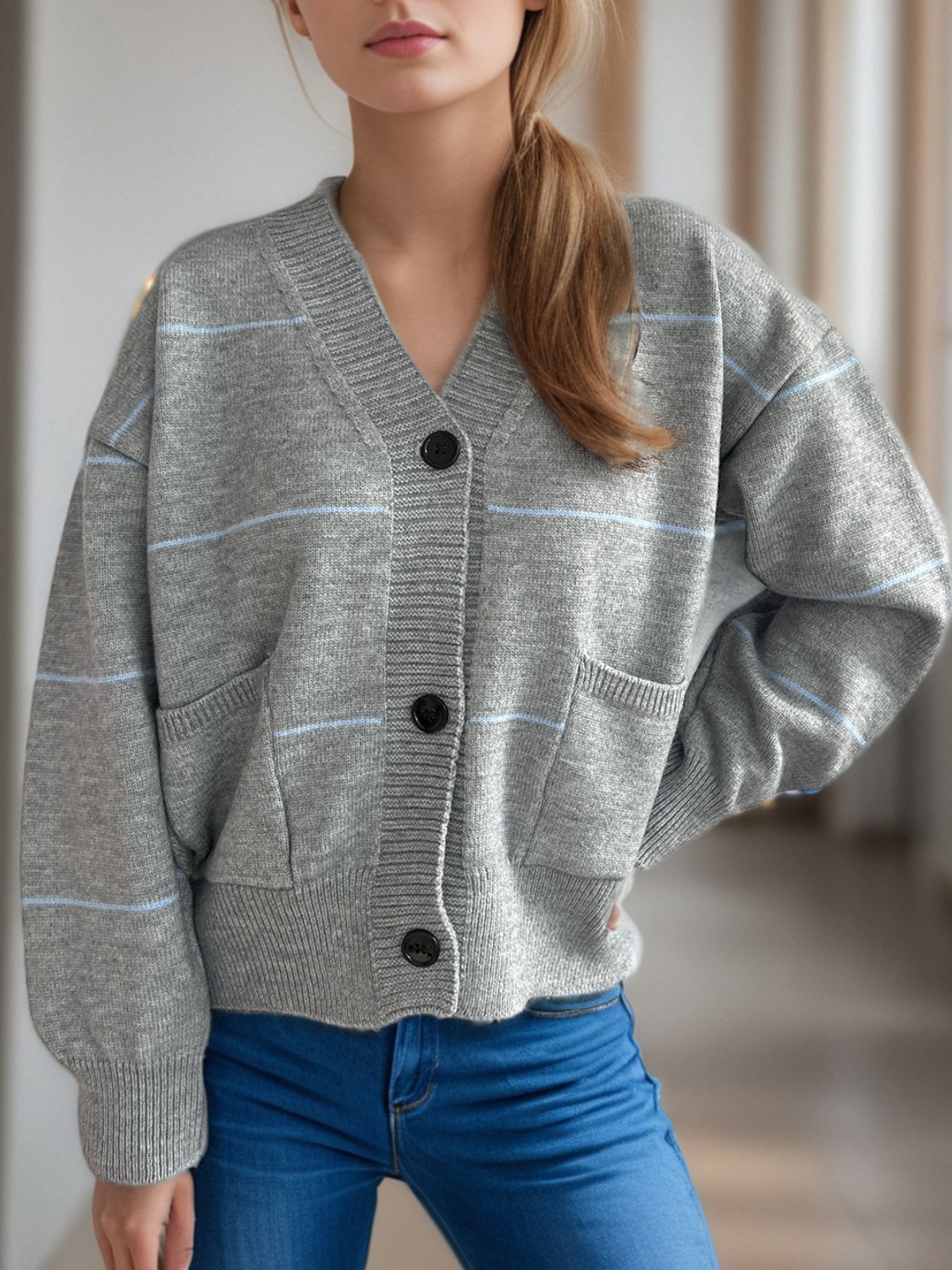 Hazel Blues® |  Striped Button Down V-Neck Long Sleeve Cardigan