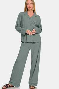 Hazel Blues® |  Zenana Button Down Long Sleeve Top and Pants Lounge Set