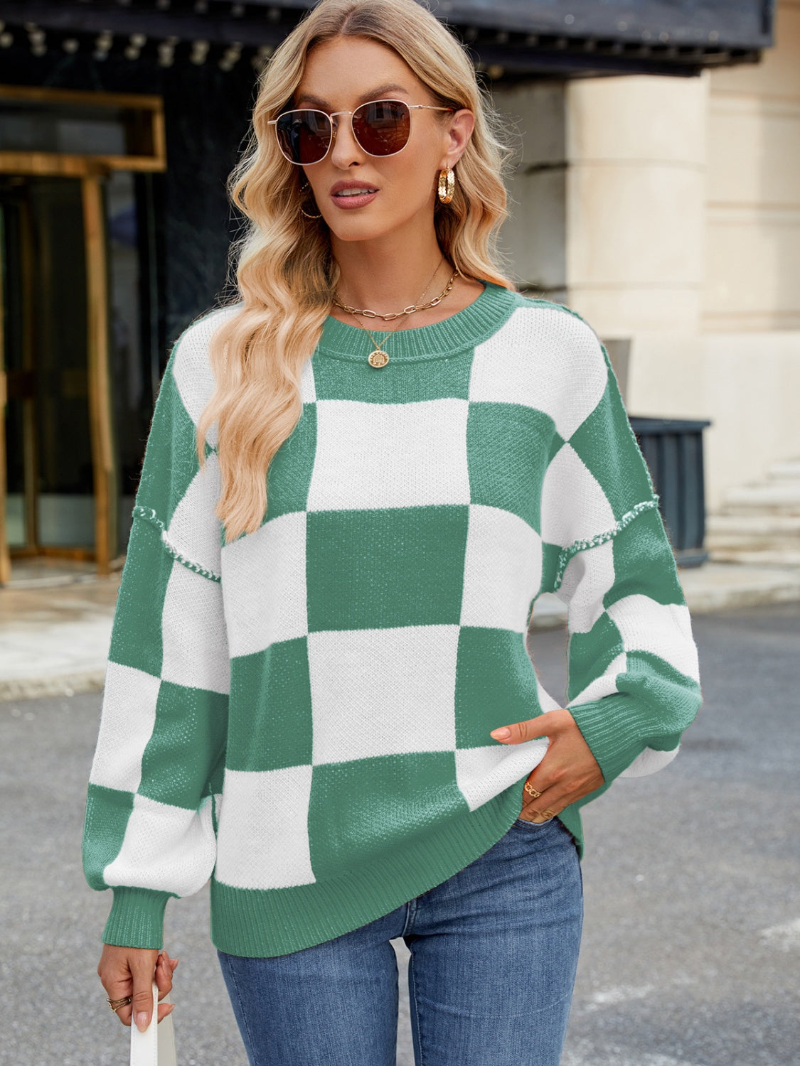 Hazel Blues® |  Checkered Round Neck Long Sleeve Sweater