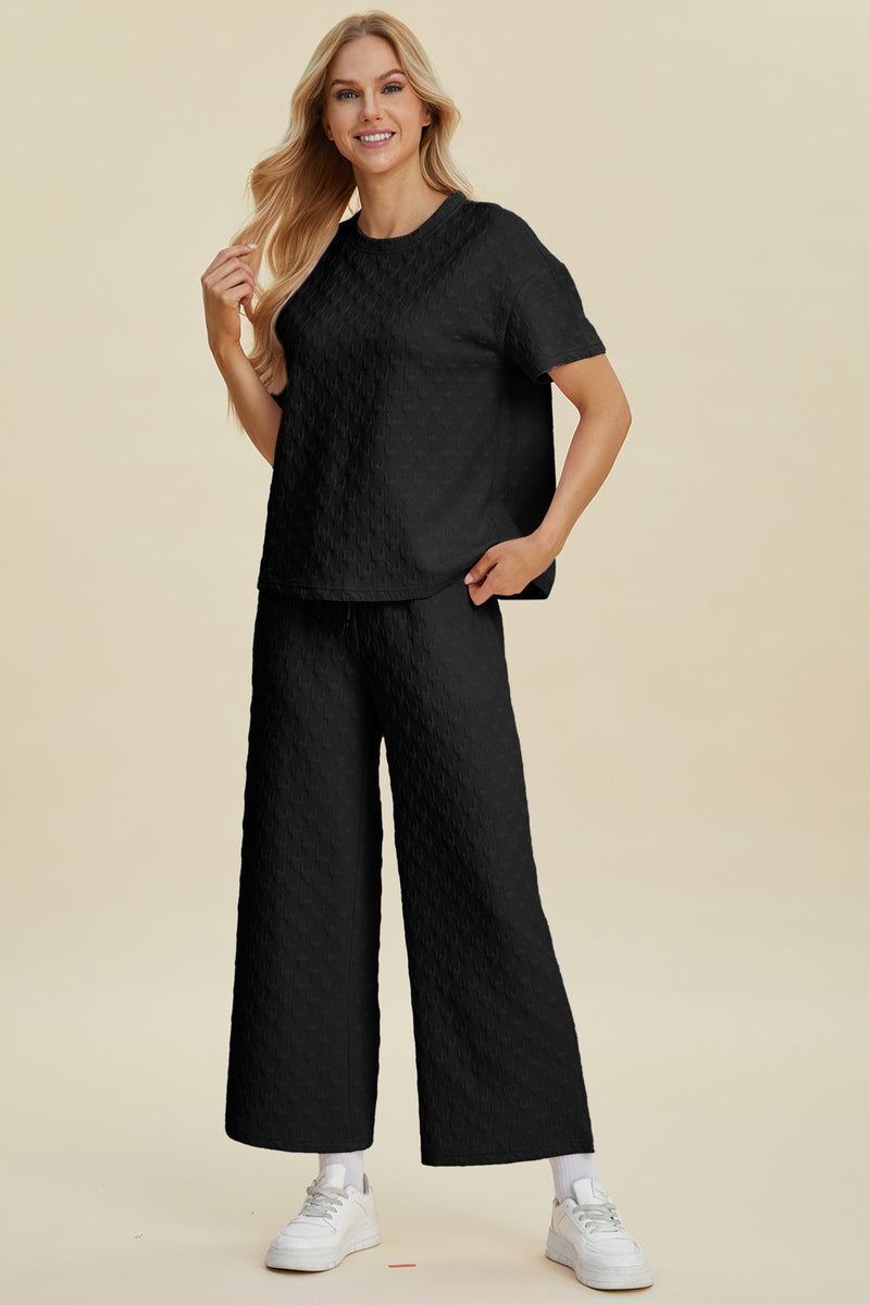 Hazel Blues® |  Double Take Texture Round Neck Short Sleeve Top and Pants Set