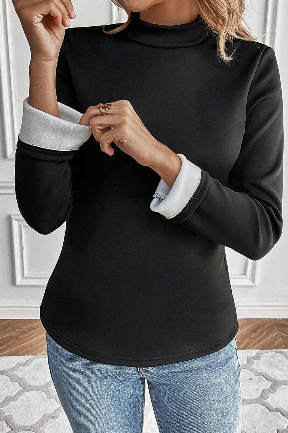 Hazel Blues® |  Black Mock Neck Thermal Lined Long Sleeve Tee