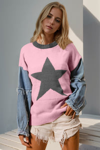 Hazel Blues® |  Double Take Star Pattern Raw Edge Long Sleeve Sweater