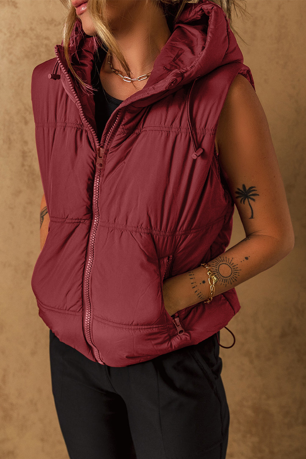 Hazel Blues® |  Drawstring Zip Up Hooded Vest Coat