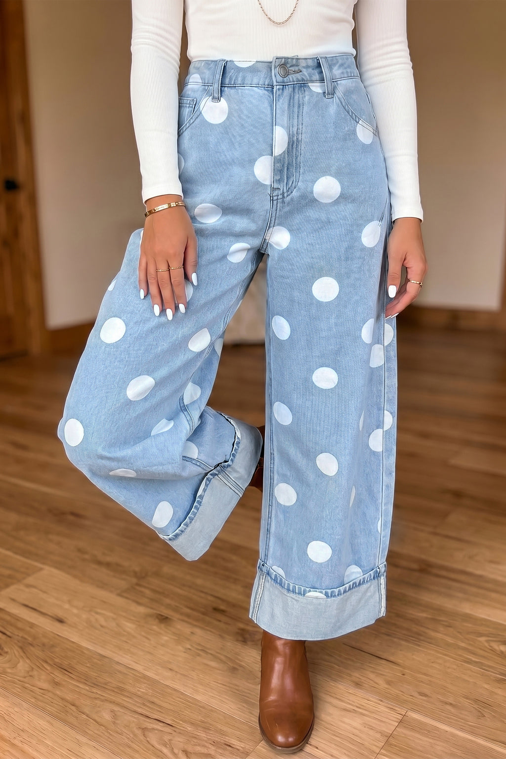 Sky Blue Polka Dot Ankle-Length Metal Button Casual Jeans