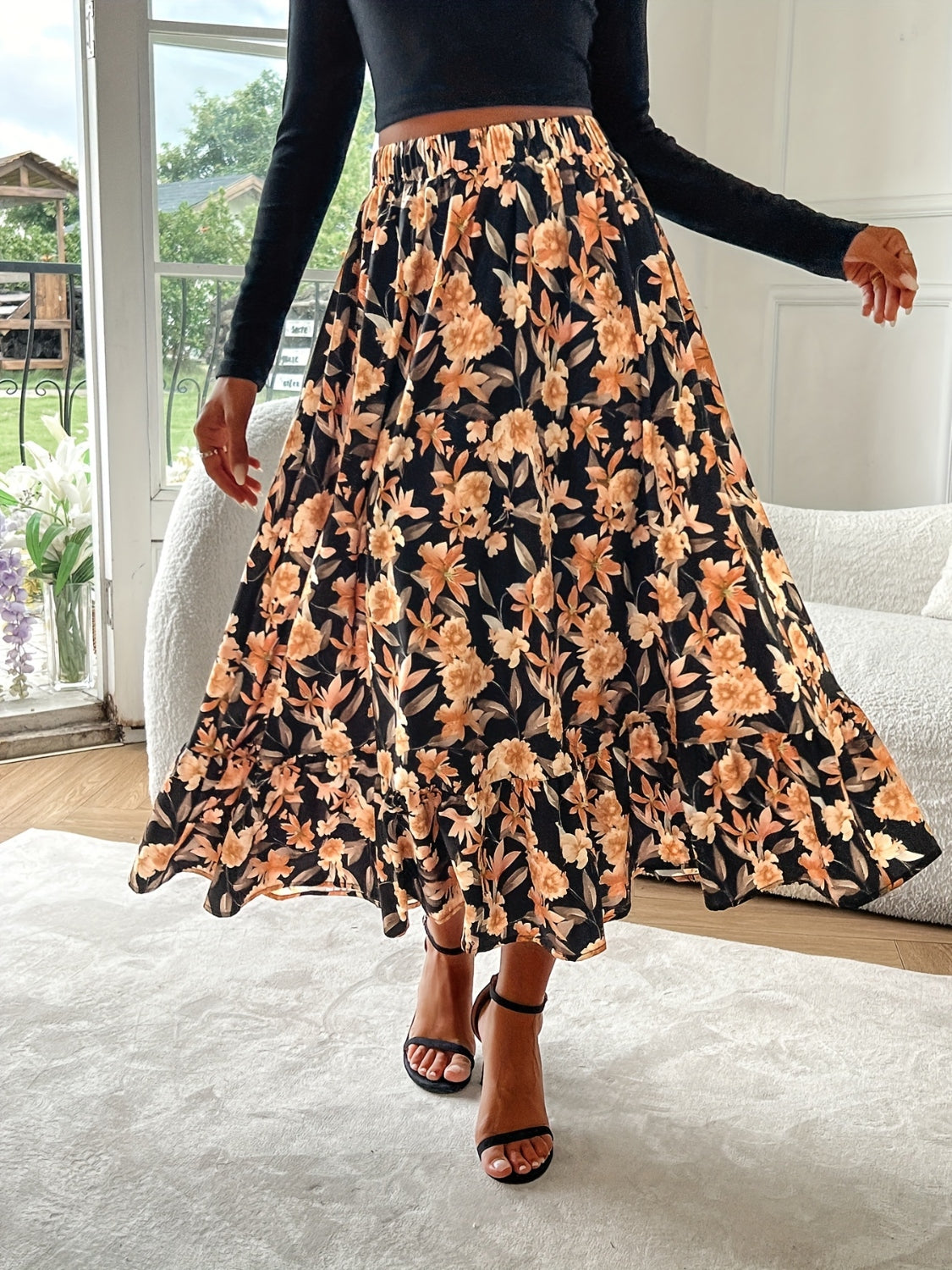 Hazel Blues® |  Floral Elastic Waist Midi Skirt