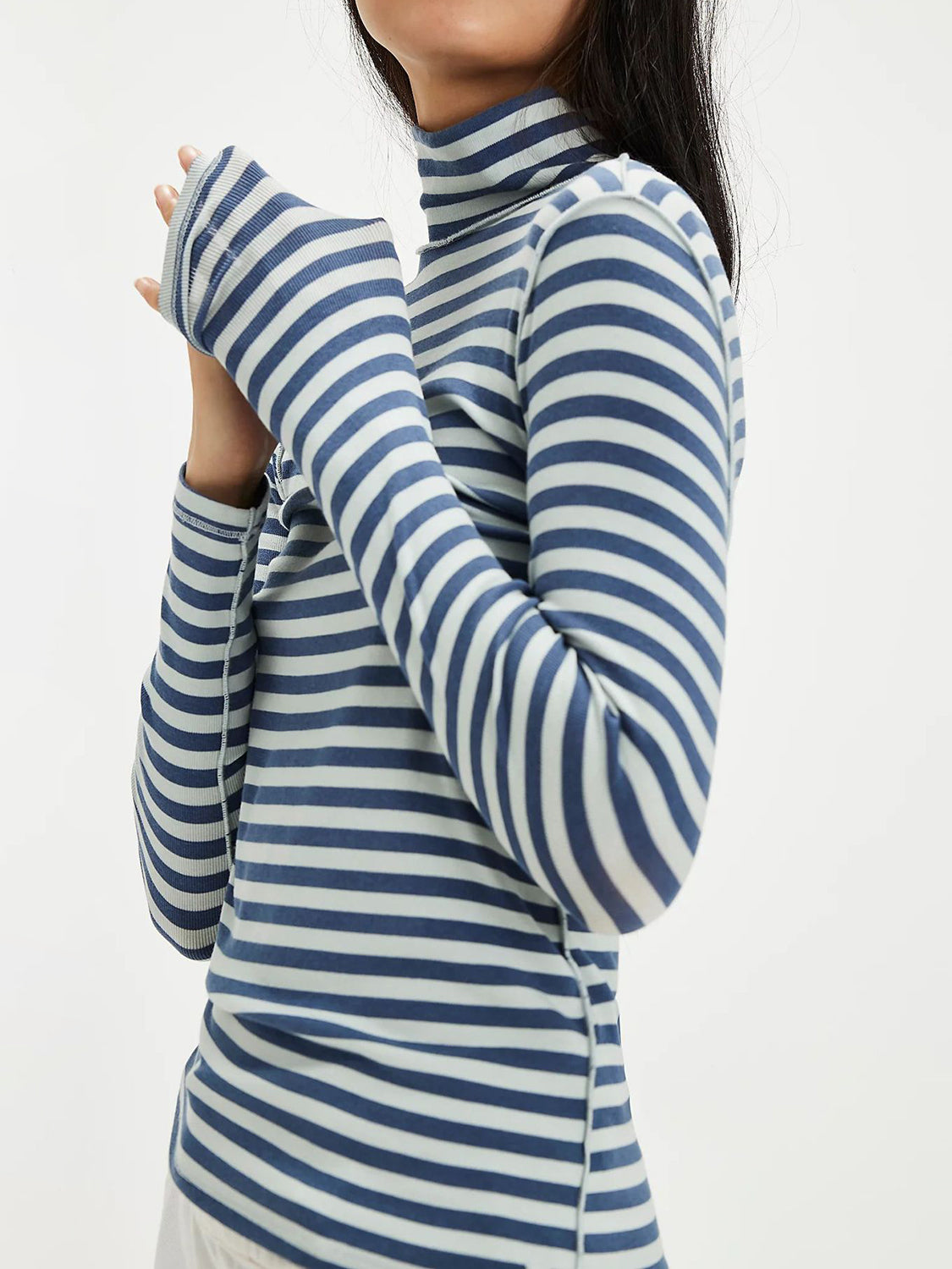 Hazel Blues® |  Exposed Seam Striped Turtleneck Long Sleeve T-Shirt