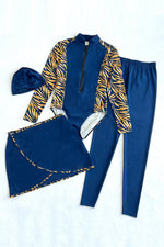 Hazel Blues® |  Cap, Printed Long Sleeve Swimwear, Pants and Mini Skirt Four-Piece Swim Set