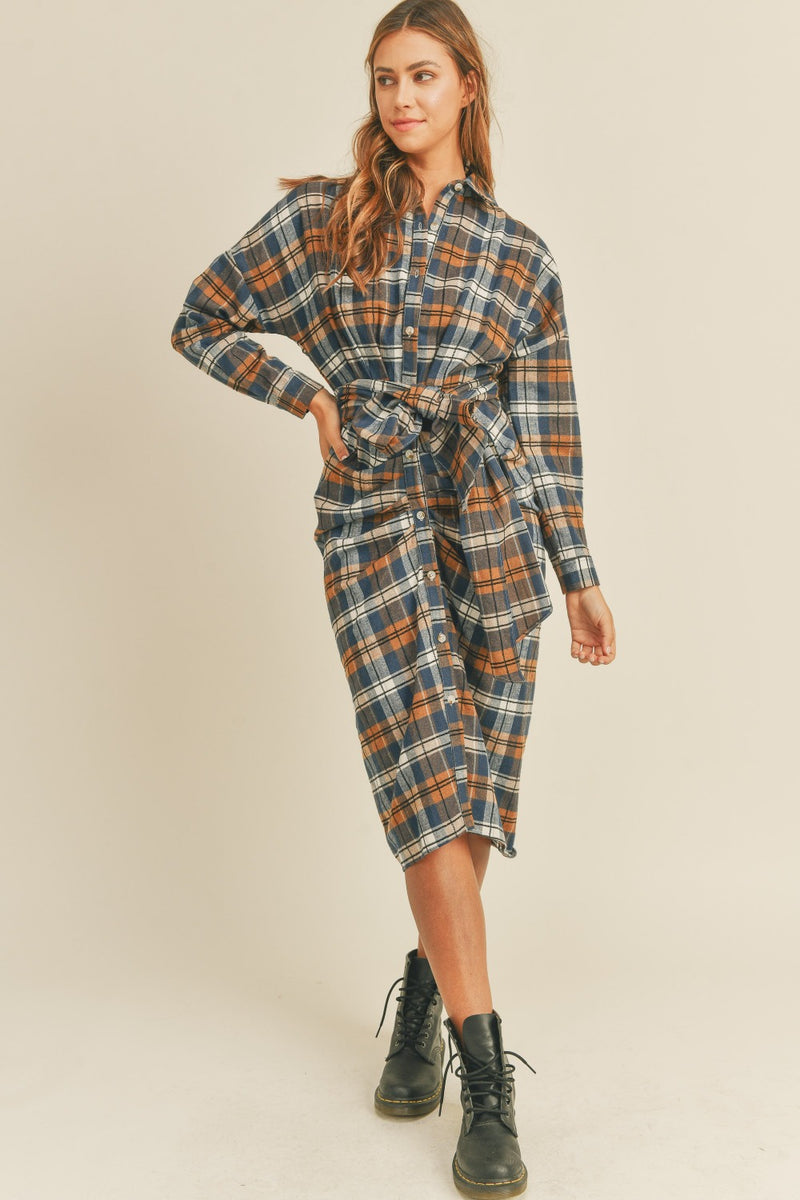 Hazel Blues® |  Mable Plaid Flannel Front Tie Button Down Shirt Dress