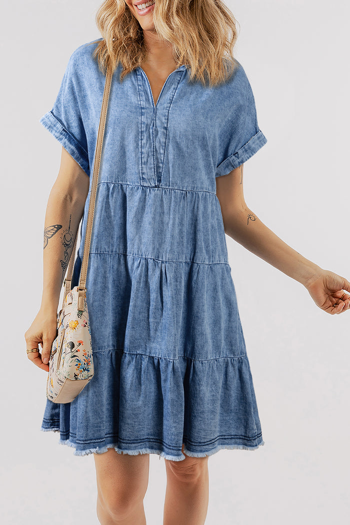 Hazel Blues® |  Raw Hem Collared Neck Short Sleeve Denim Dress