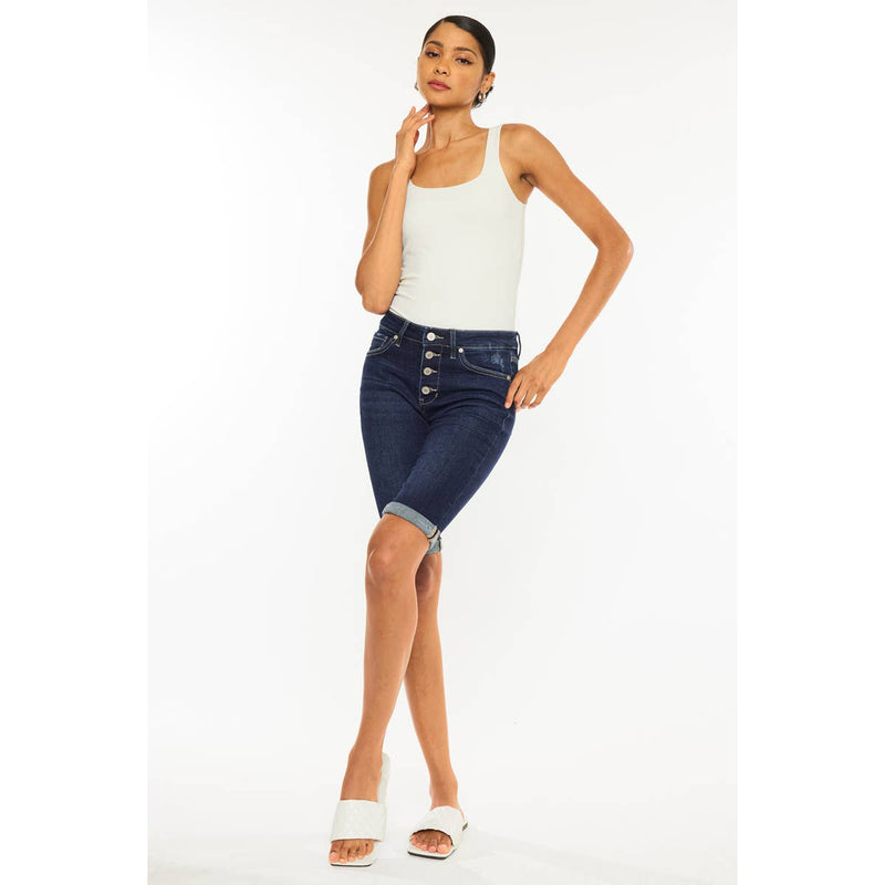 Hazel Blues® |  Kan Can High Rise Fly Button Bermuda Shorts: Dark Wash