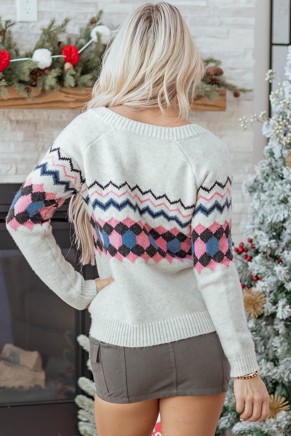 Pink Stripe Geometric Button-Up Sweater Cardigan
