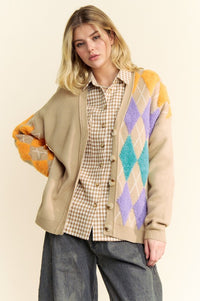 Hazel Blues® |  Davi & Dani Argyle V-Neck Dropped Shoulder Cardigan