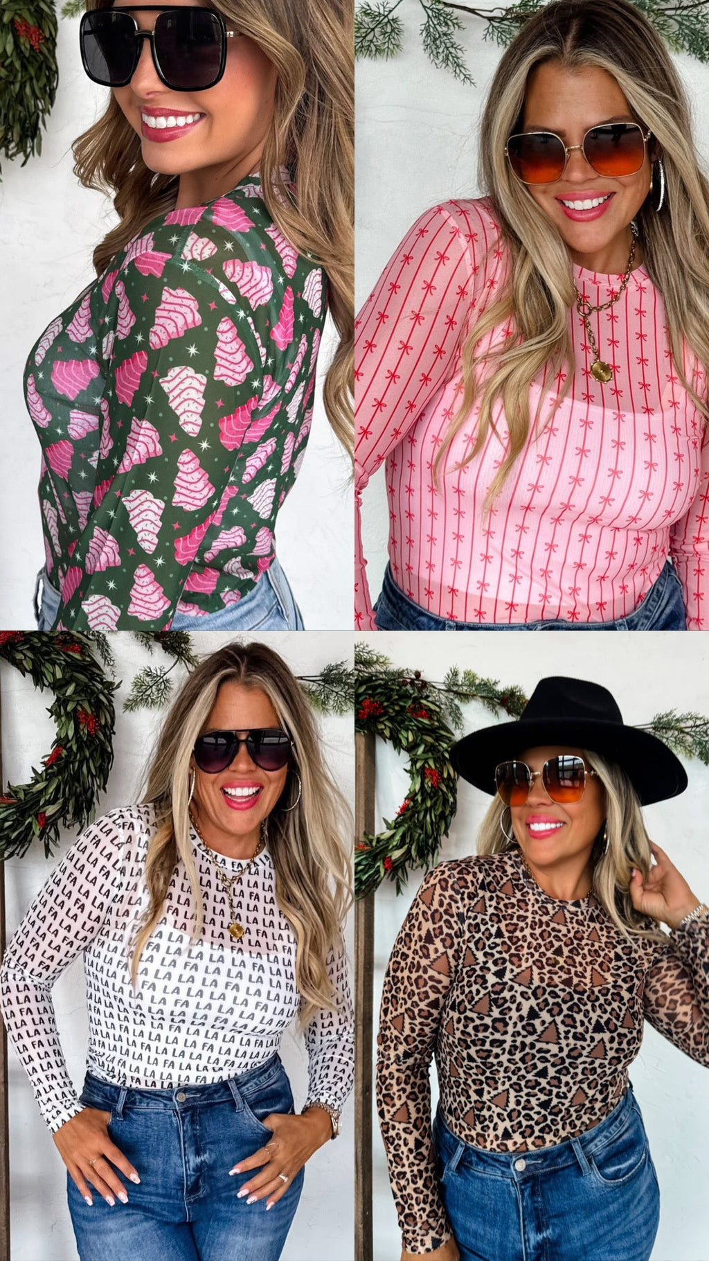 Hazel Blues® |  PREORDER: Christmas Printed Mesh Tops
