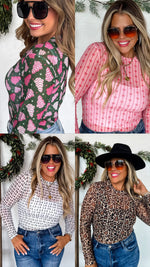 Hazel Blues® |  PREORDER: Christmas Printed Mesh Tops