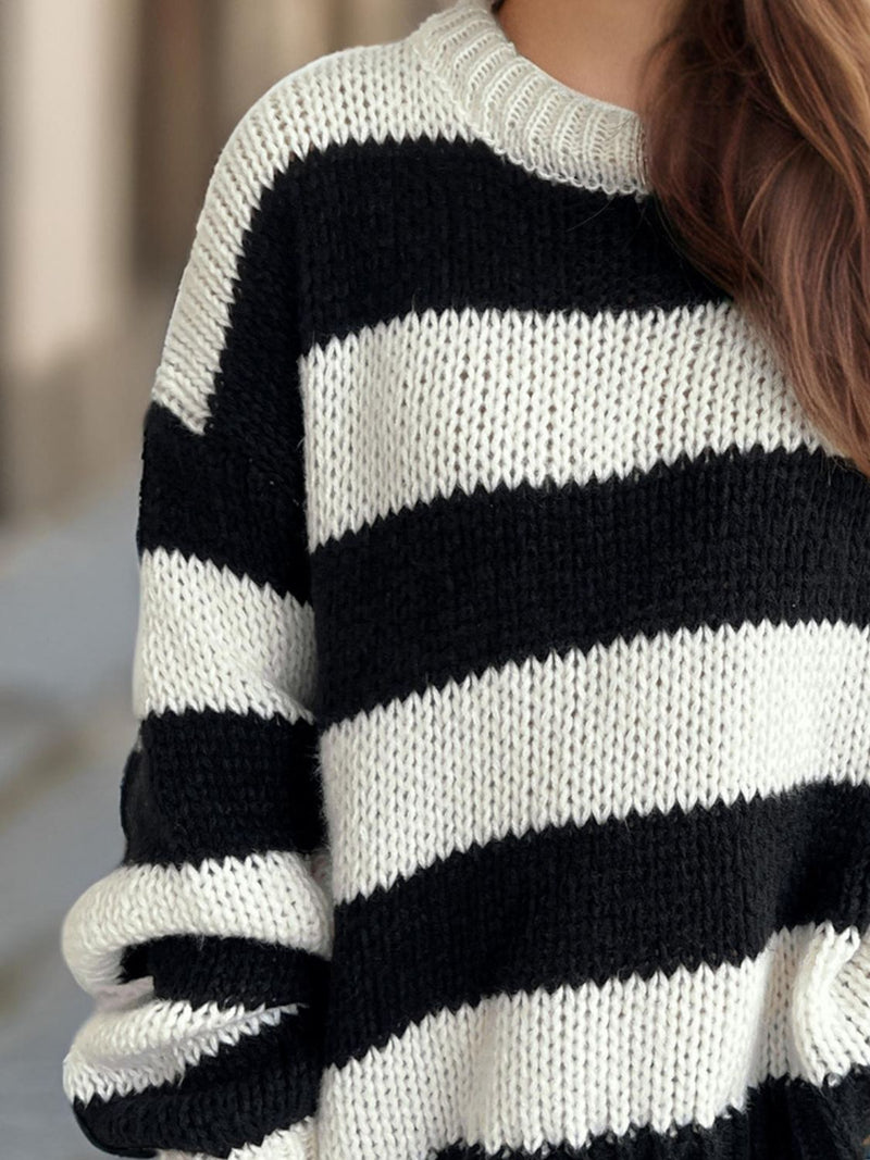 Hazel Blues® |  Contrast Striped Round Neck Long Sleeve Sweater