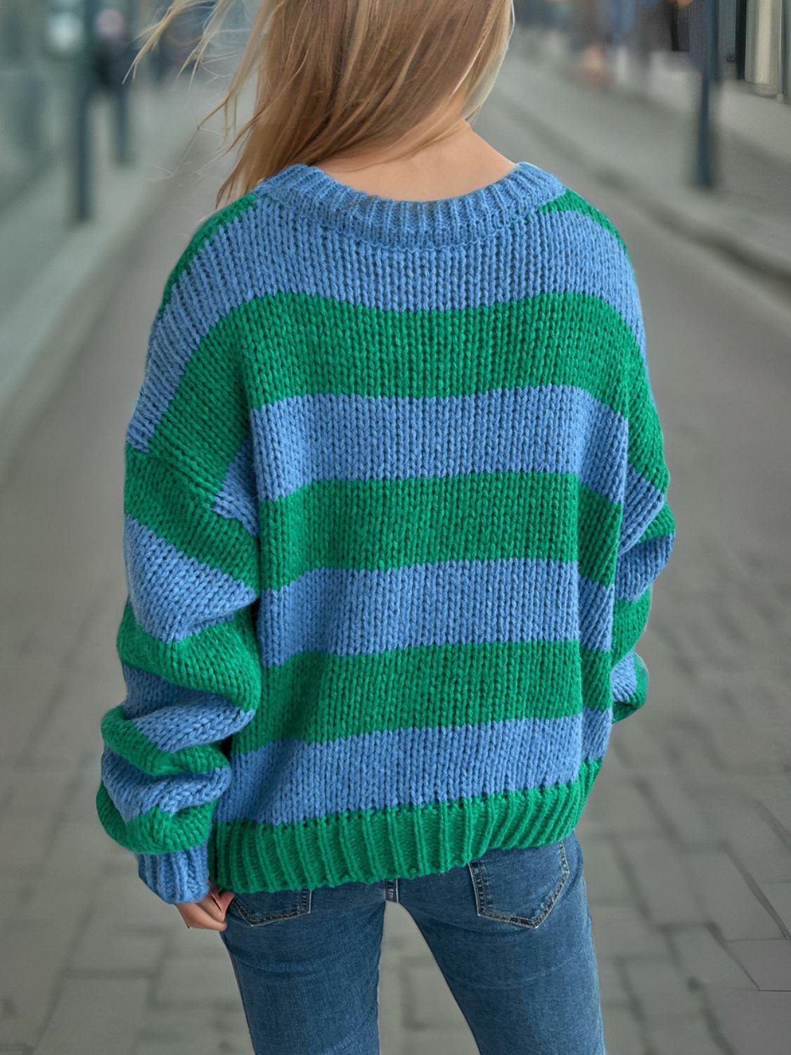 Hazel Blues® |  Contrast Striped Round Neck Long Sleeve Sweater