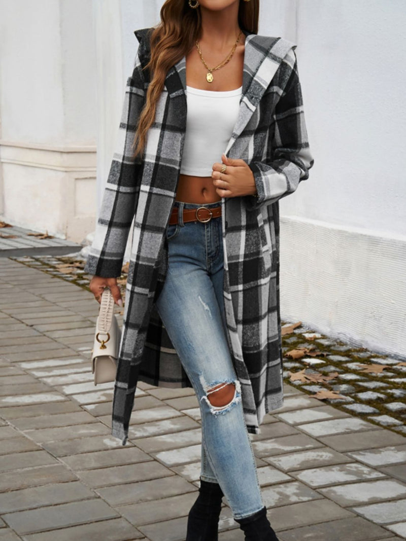 Hazel Blues® |  Plaid Long Sleeve Hooded Coat