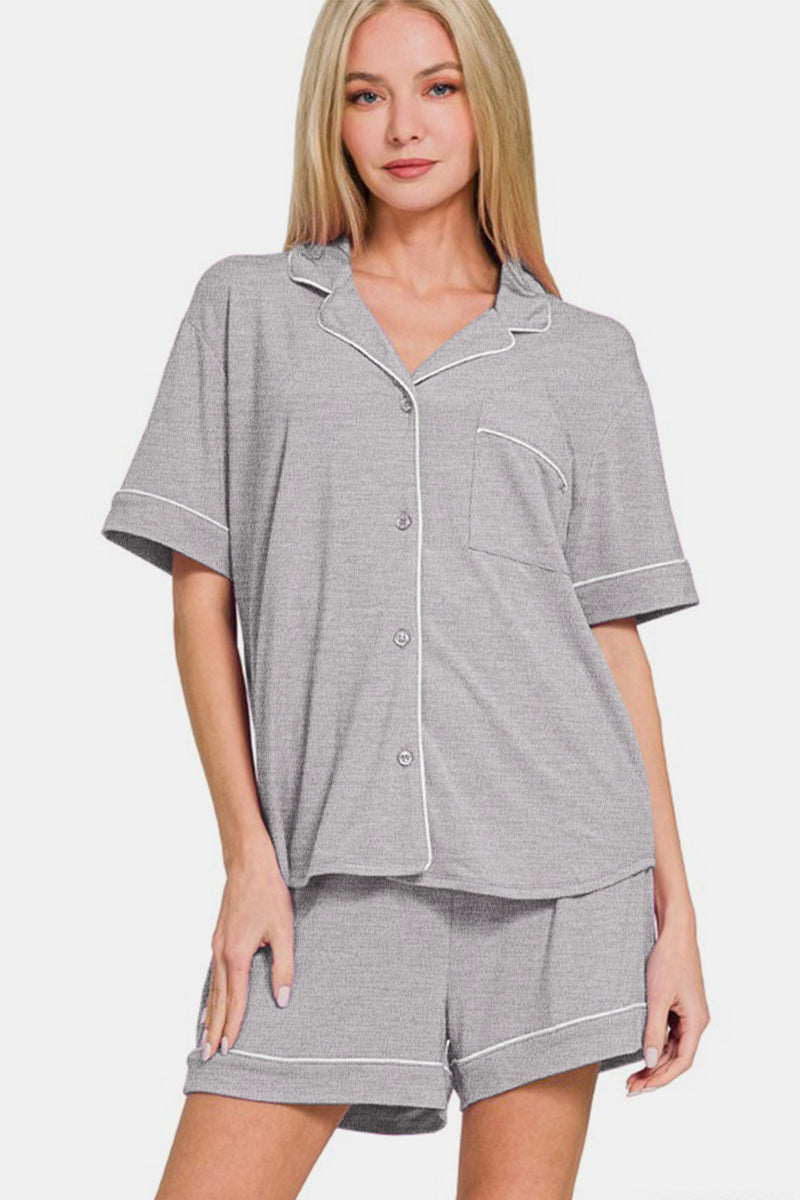 Hazel Blues® |  Zenana Button Down Short Sleeve Top and Shorts Lounge Set