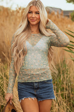 Hazel Blues® |  Laurel Green Vintage Floral Print Southern Style Mesh Long Sleeve Top
