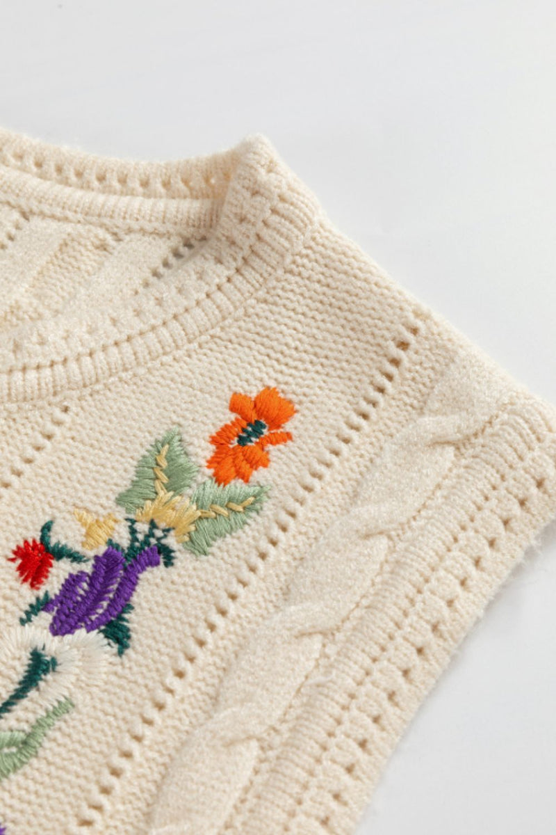 Hazel Blues® |  Embroidered Cable-Knit Round Neck Sweater Vest