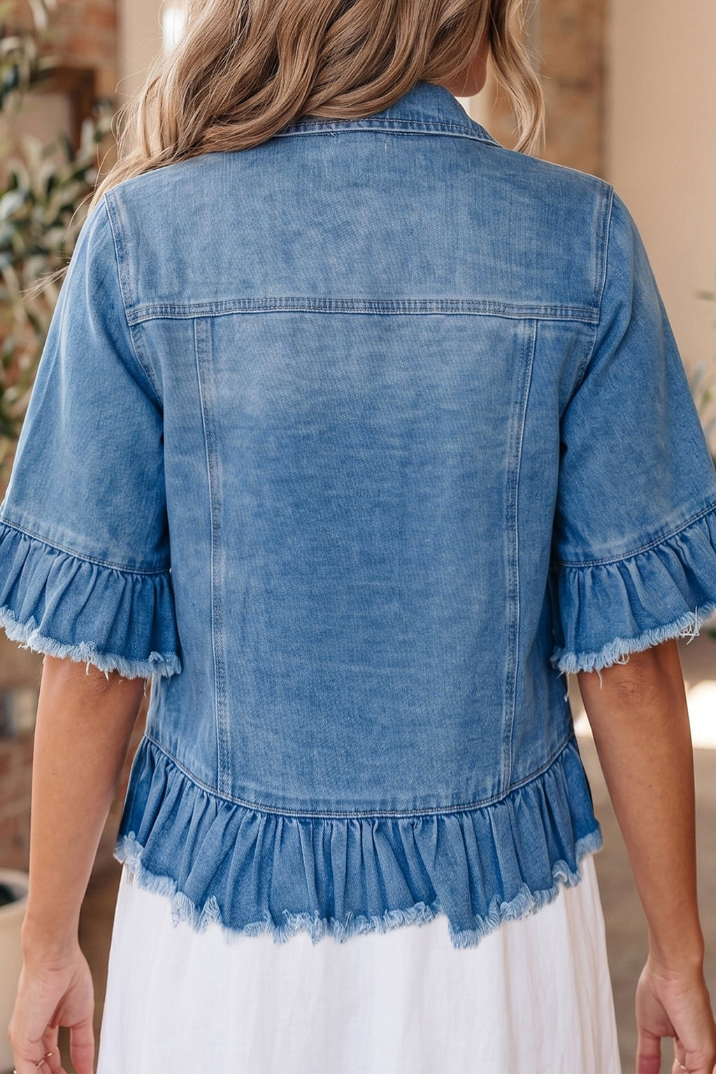 Ruffle Hem Raw Edge Half Sleeve Western Denim Jacket | Denim Western Ruffle Jacket