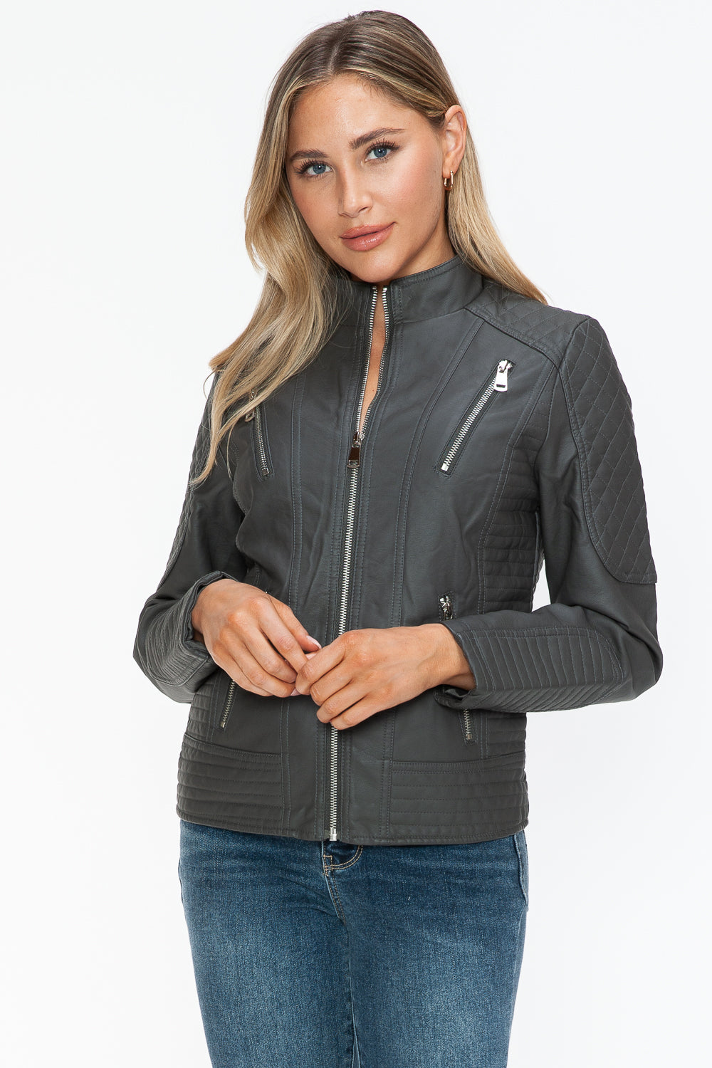 Hazel Blues® |  Snobbish Faux Leather Zip Up Mock Neck Jacket