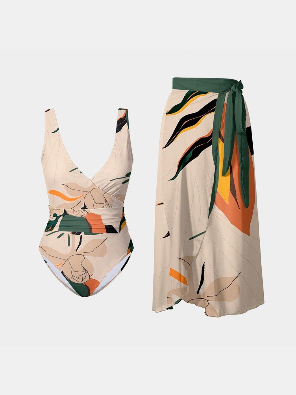 Hazel Blues® |  Printed Surplice Wide Strap Swimwear and Skirt Swim Set