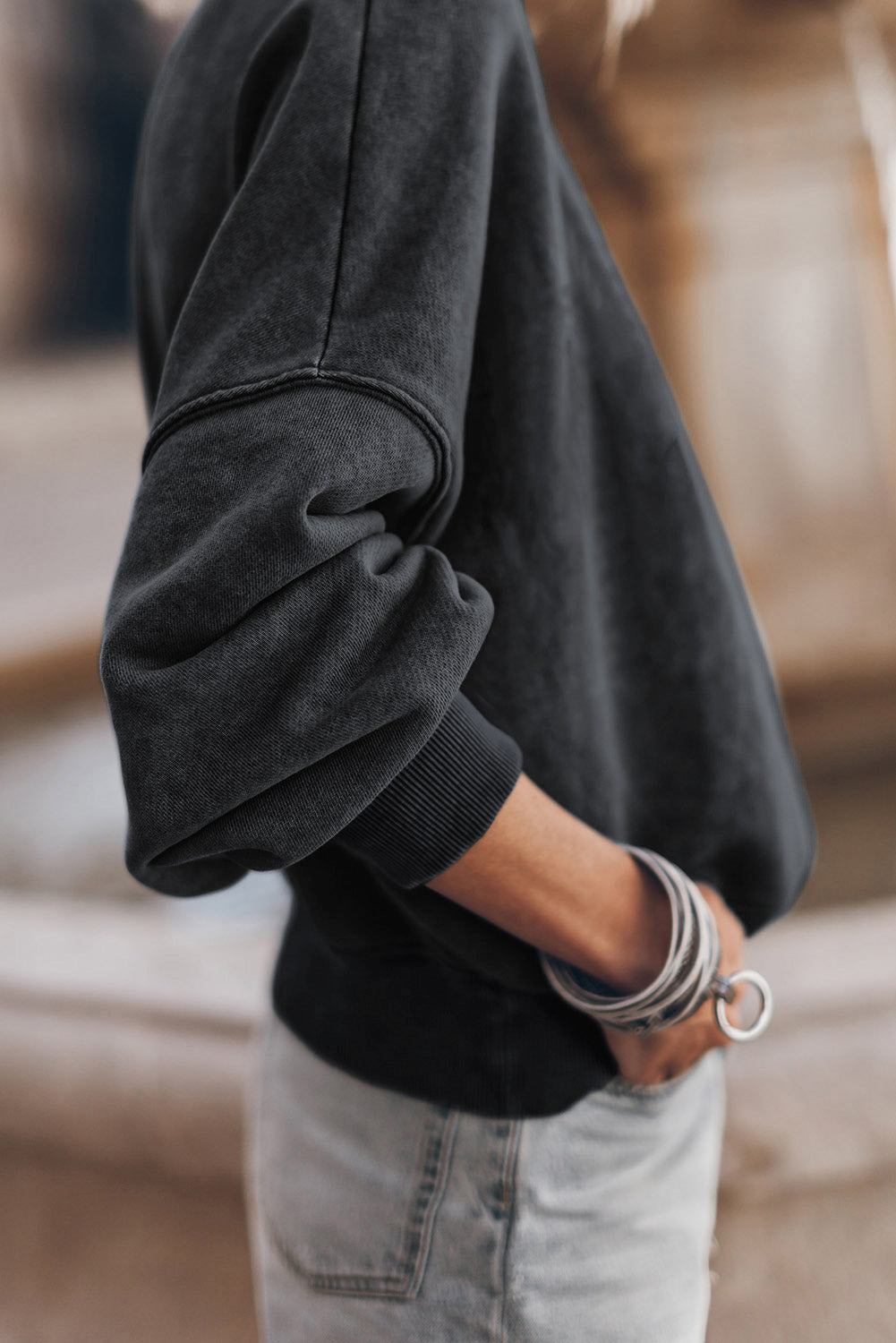 Clara Rose Black Drop Shoulder Crew Neck Pullover Sweatshirt
