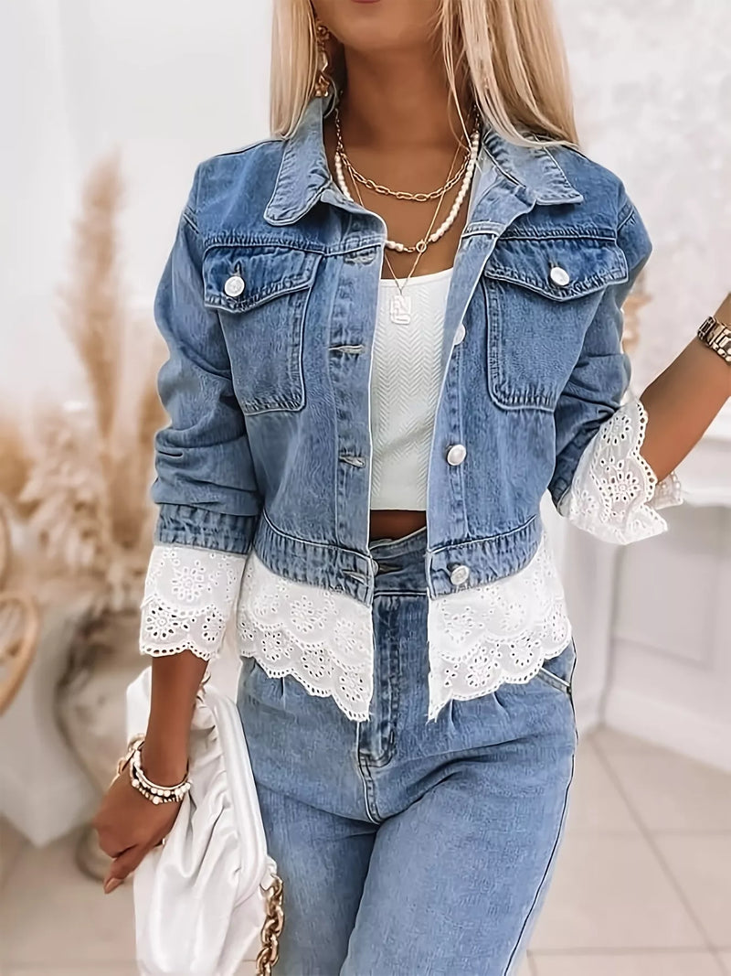 Cropped Denim Jacket with Lace Trim – Hazel Blues®