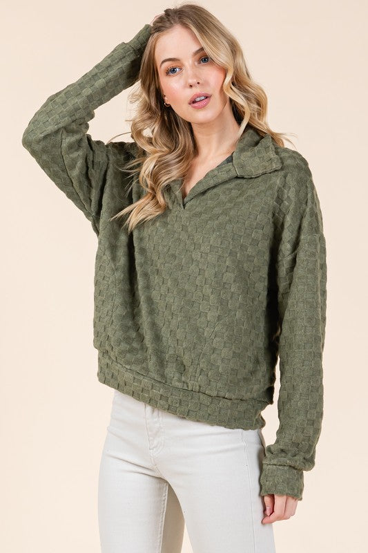 Hazel Blues® |  BOMBOM Fuzzy Checkered Collared Neck Sweatshirt with Side Pockets