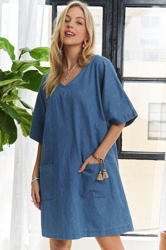 Adora V-Neck Half Sleeve Mini Denim Dress Peacock Blue / S