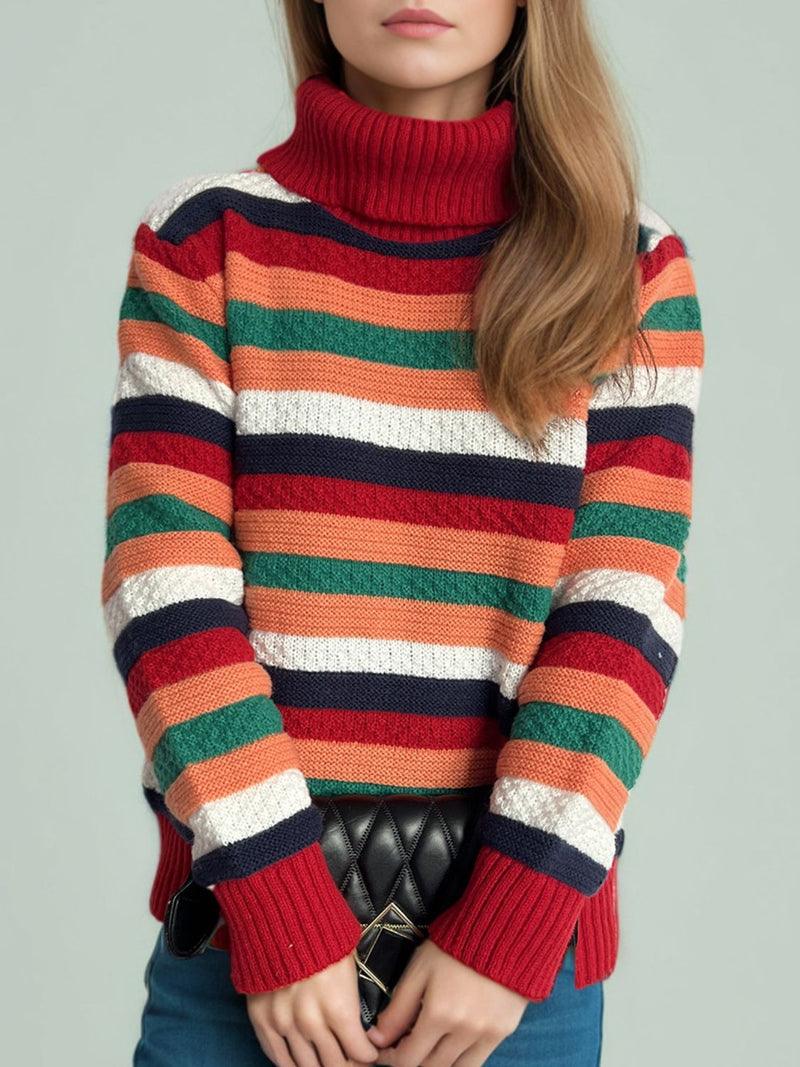 Hazel Blues® |  Contrast Stripes Turtleneck Long Sleeve Sweater