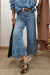 Hazel Blues® |  Dusk Blue Embroidered Cropped Wide Leg High Waist Jeans