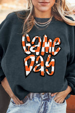 Hazel Blues® |  Dark Blue Chenille Checkered Game Day Graphic Drop Shoulder Corded Sweatshirt