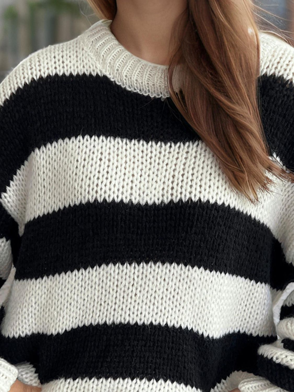 Hazel Blues® |  Contrast Striped Round Neck Long Sleeve Sweater