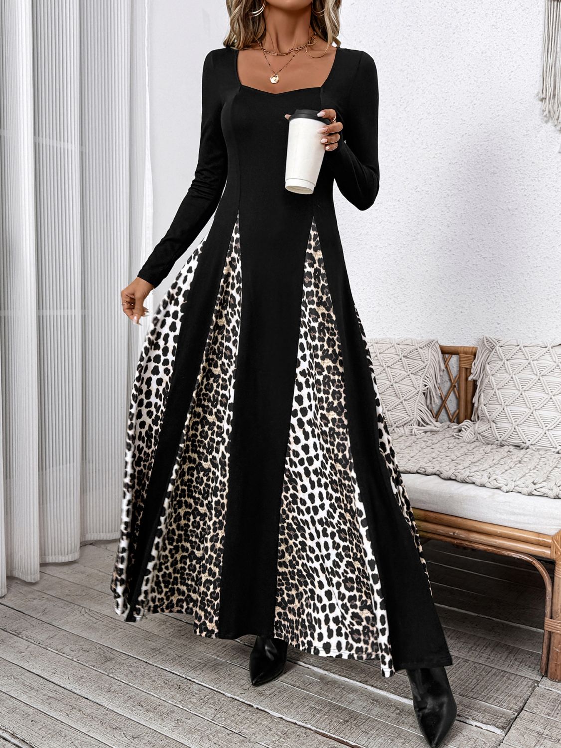 Hazel Blues® |  Perfee Leopard Square Neck Long Sleeve Maxi Dress