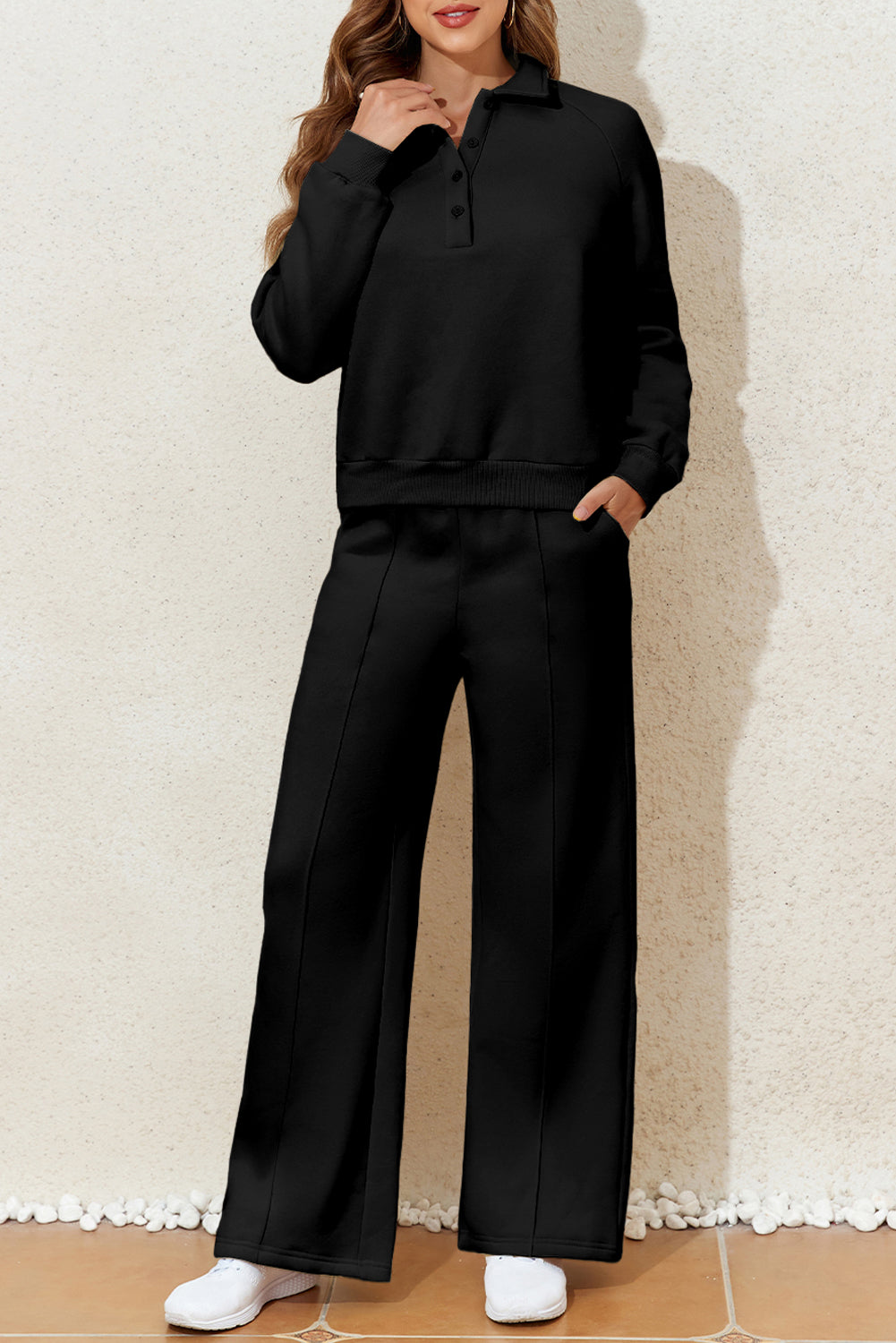 Hazel Blues® |  Black Solid Collared Sweatshirt and High Waist Pants Active Set