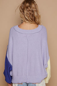 Hazel Blues® |  POL Exposed Seam Contrast V-Neck Lantern Sleeve Sweater